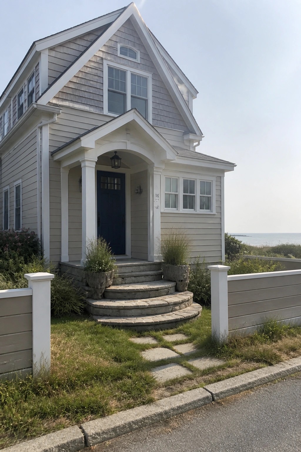 Light gray vinyl siding on a house exterior with white trim and stone steps.