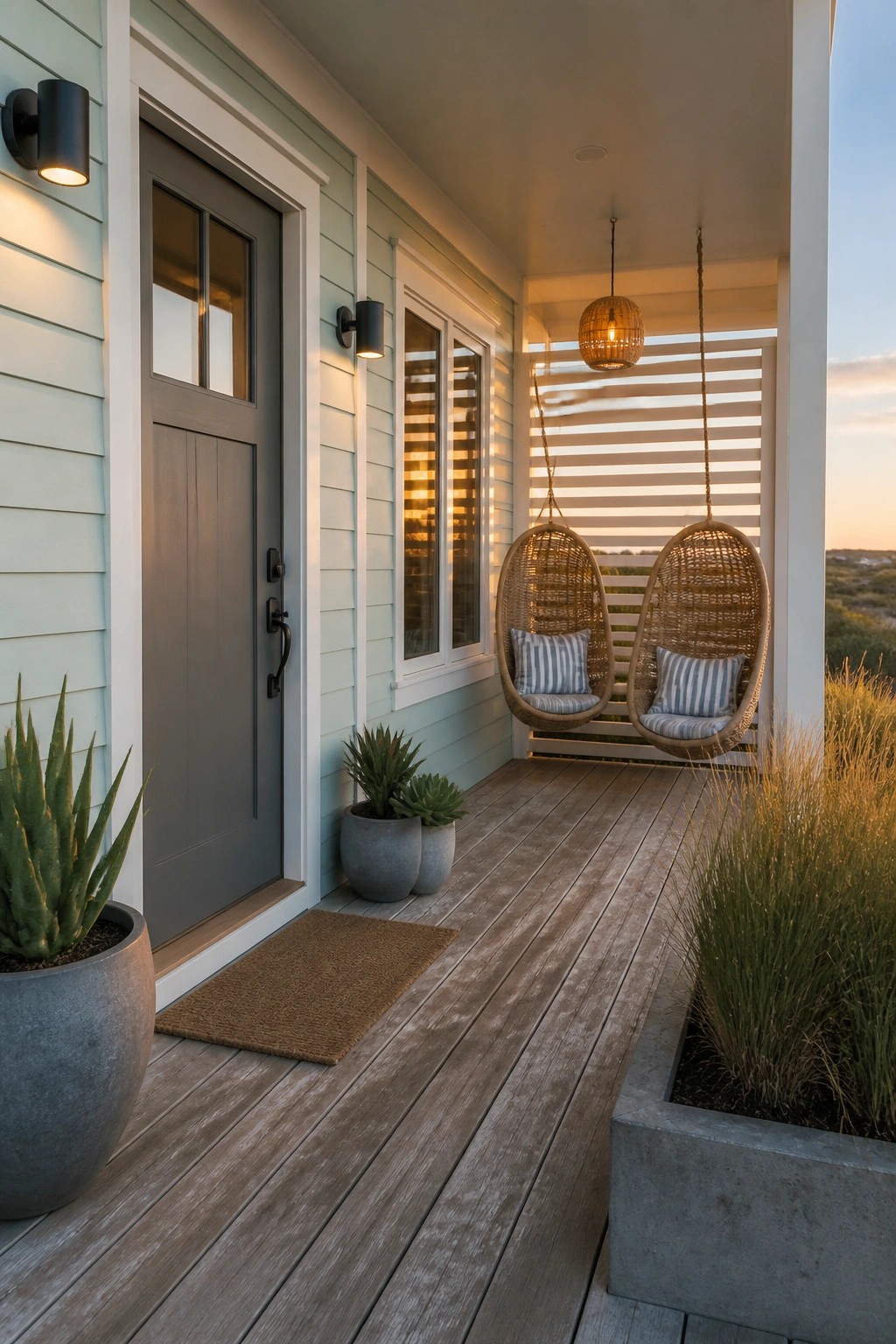 Light sage green vinyl siding on a house exterior with white trim and a wooden porch.
