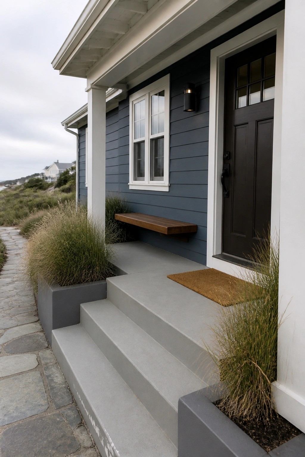 A house exterior featuring muted blue gray vinyl siding with white trim around the window and door.