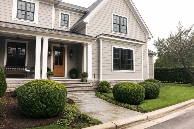 18 Polished Vinyl Siding Colors That Look More Custom and High-End Light greige vinyl siding on a two-story house with white trim and a stone foundation.