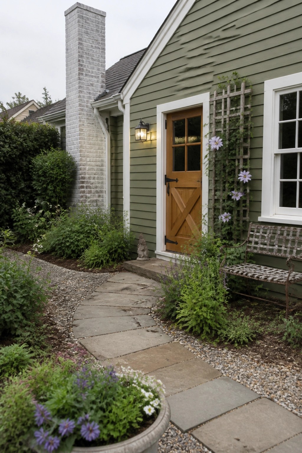 Muted sage green vinyl siding on a house exterior with white trim and a wood door.