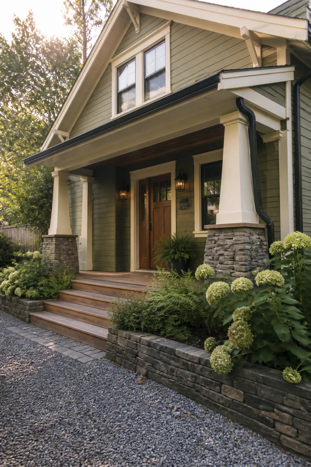 Sage green vinyl siding on a house with stone porch columns and wood trim.