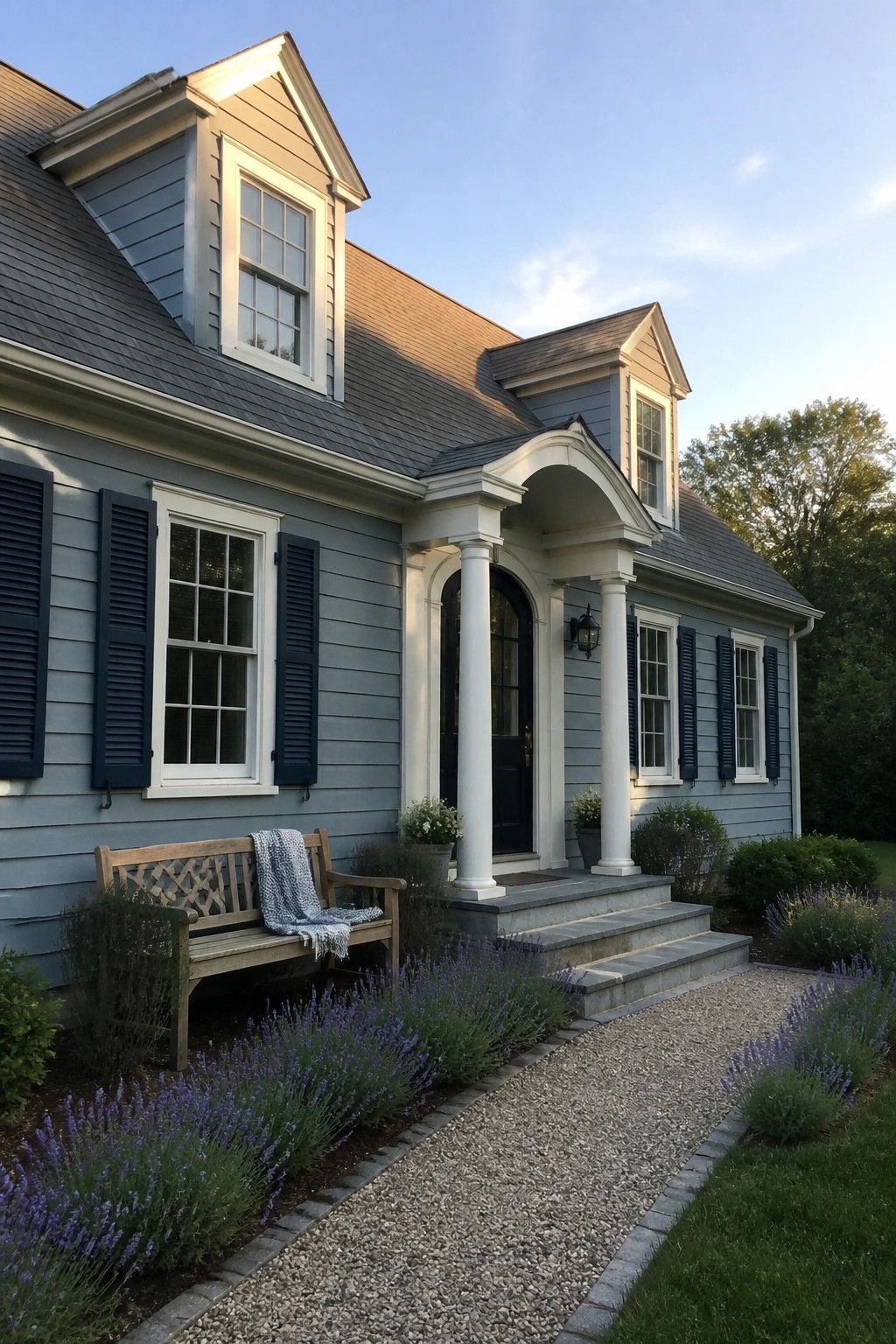 Blue house with white columns, arched porch, wooden bench, and lavender-lined gravel path.
