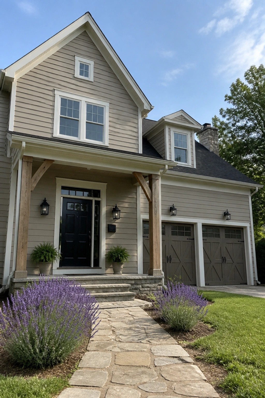 A house exterior with soft greige vinyl siding next to warm wood posts and a stone foundation.