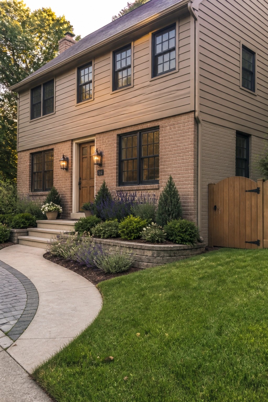 Two-story beige house with brick base, wooden door, garden, and green lawn.