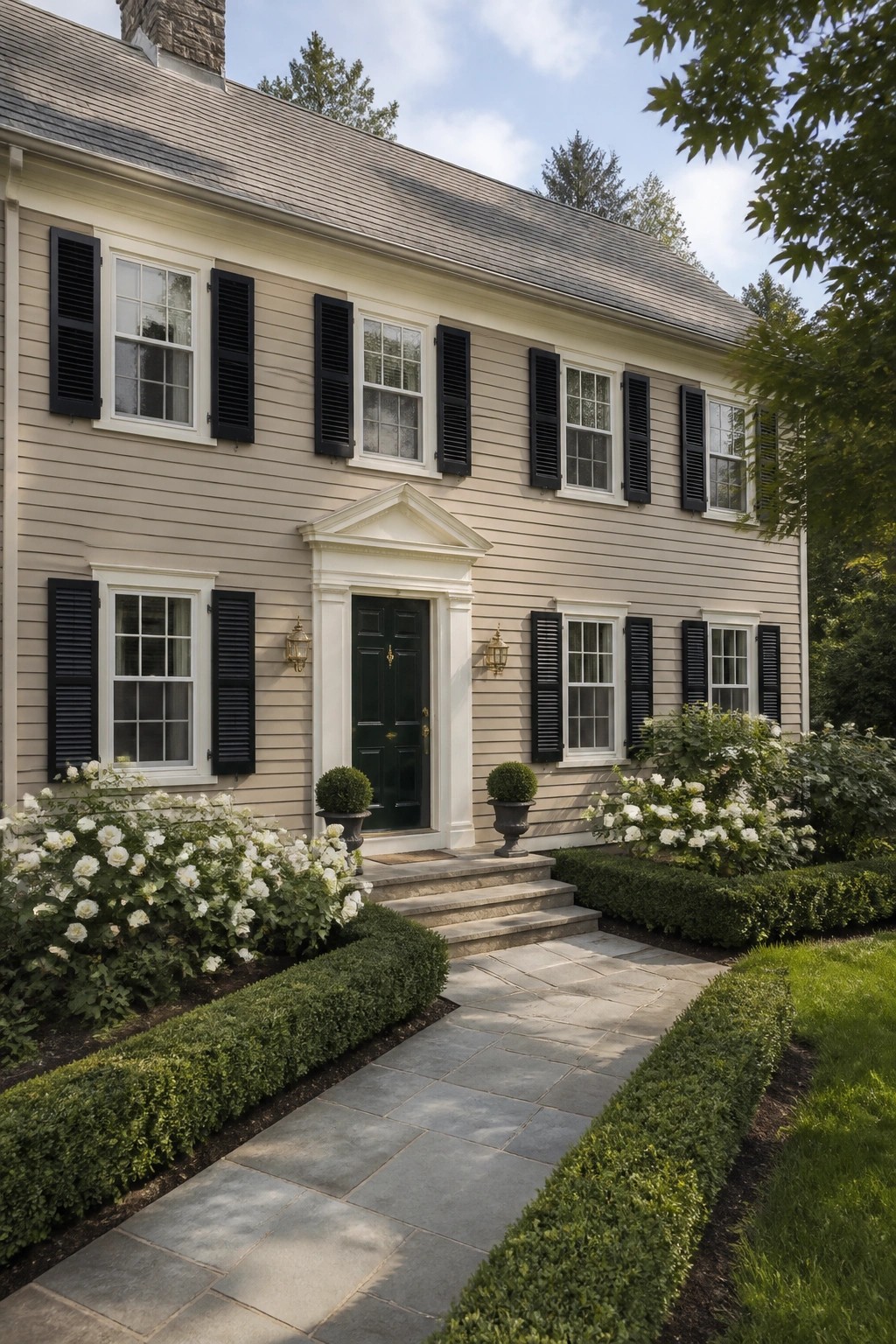 A two-story house with light beige vinyl siding and black shutters.