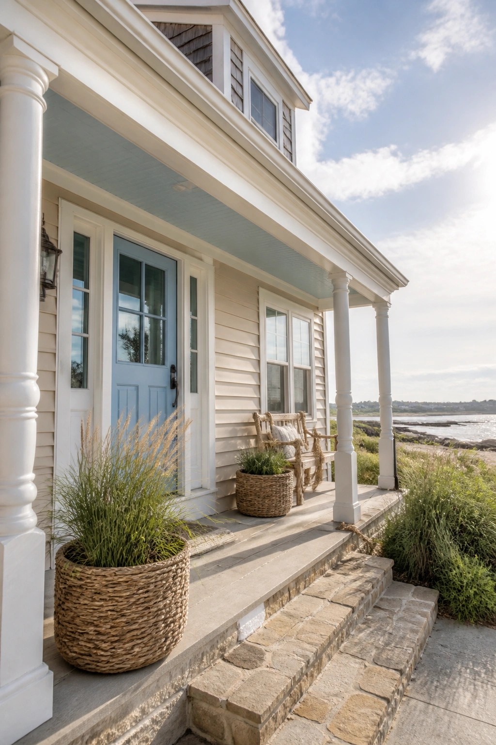 A coastal house exterior with soft beige vinyl siding and white trim.
