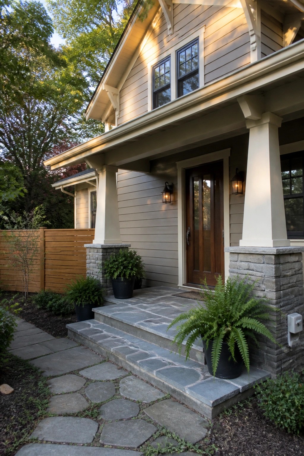 House exterior with warm greige vinyl siding and stone porch pillars.