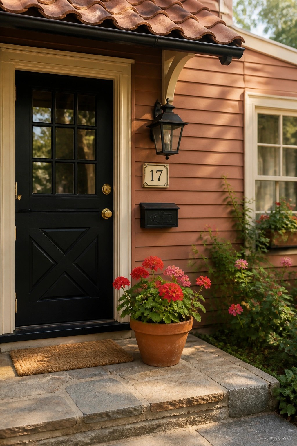 Terracotta vinyl siding on a house exterior with a black door, stone steps, and a potted plant.