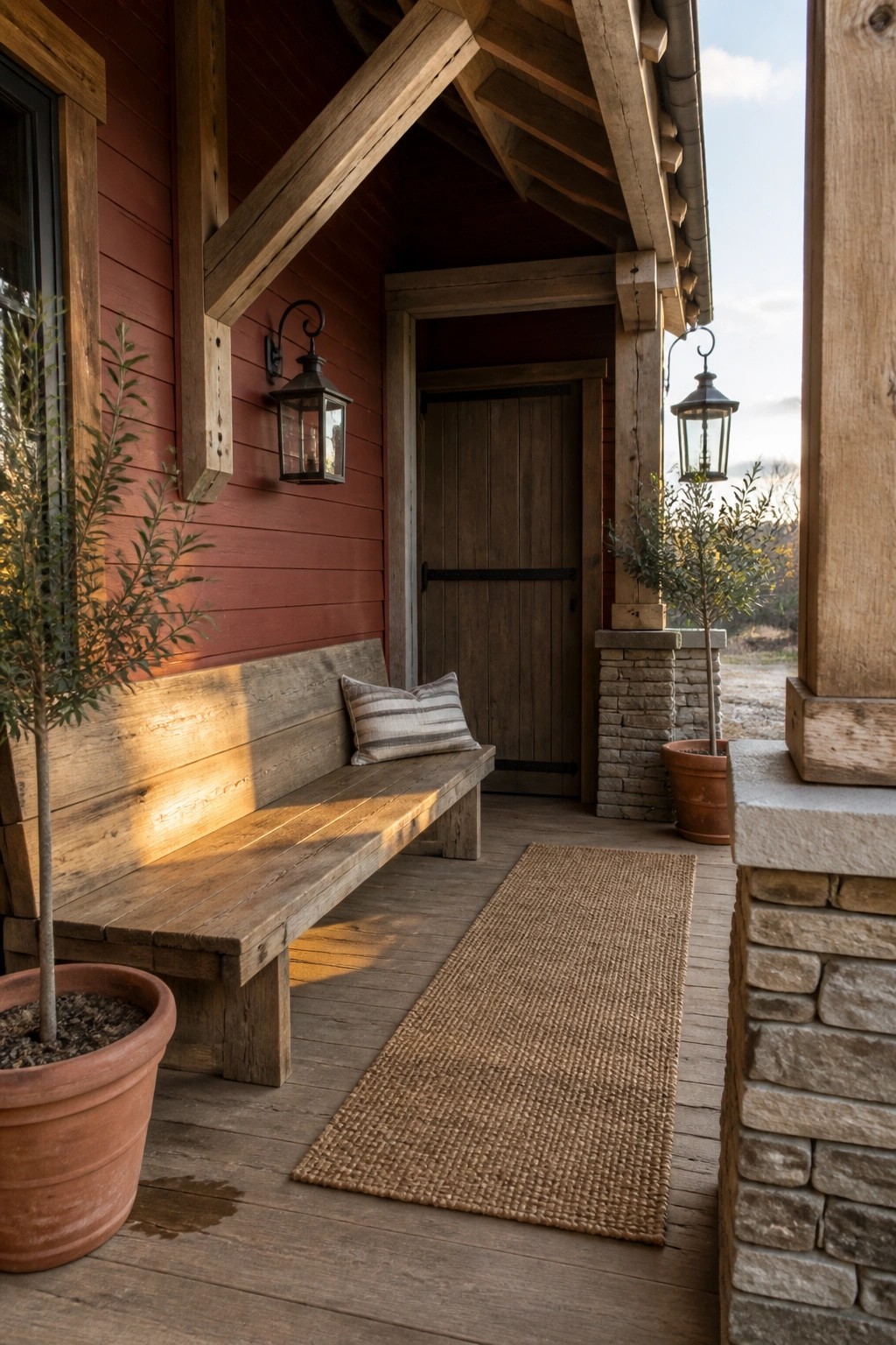 Rustic red wooden porch with bench, lanterns, rug, and potted plants in sunlight