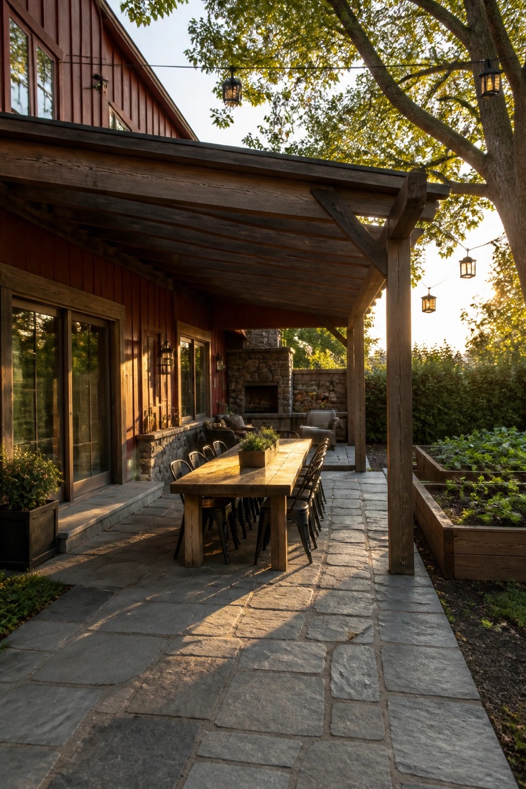A red wooden farmhouse with a covered wooden pergola over a long dining table on a stone path next to raised garden beds.