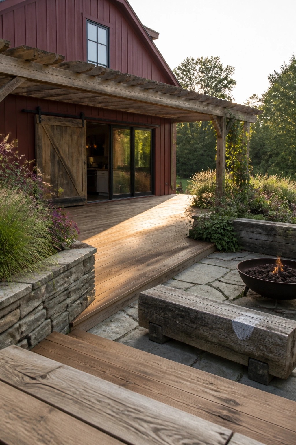 Red farmhouse exterior with wooden deck, pergola, sliding barn door, and stone patio with fire pit and wooden benches.