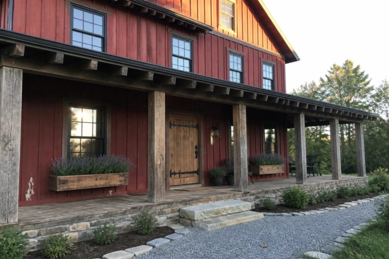 17 Rustic Red Farmhouse Exteriors Built Around Natural Wood Accents Rustic red wooden house with porch, flower boxes, stone steps, and gravel path at sunset.