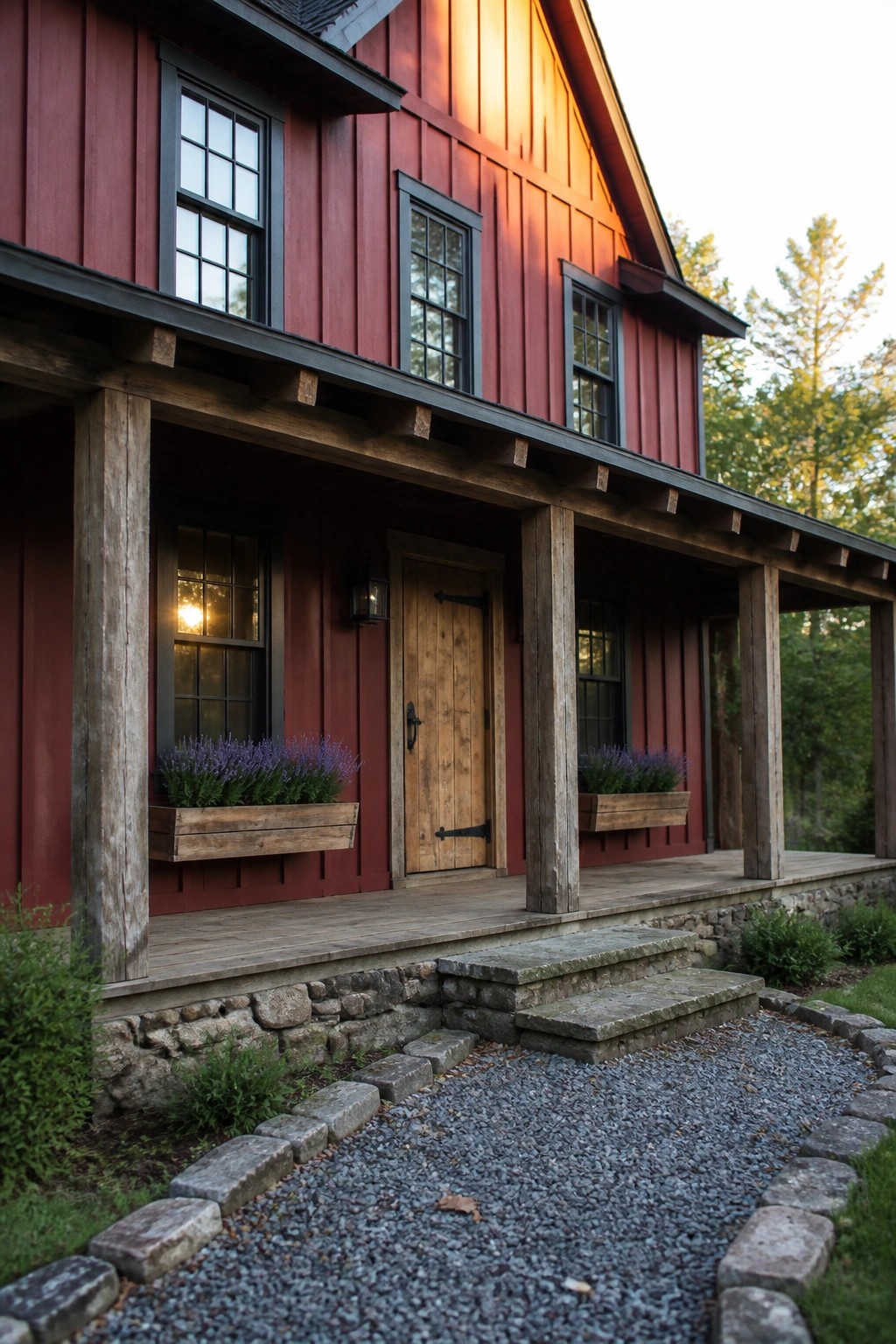 Rustic red wooden house with porch, flower boxes, stone steps, and gravel path at sunset.