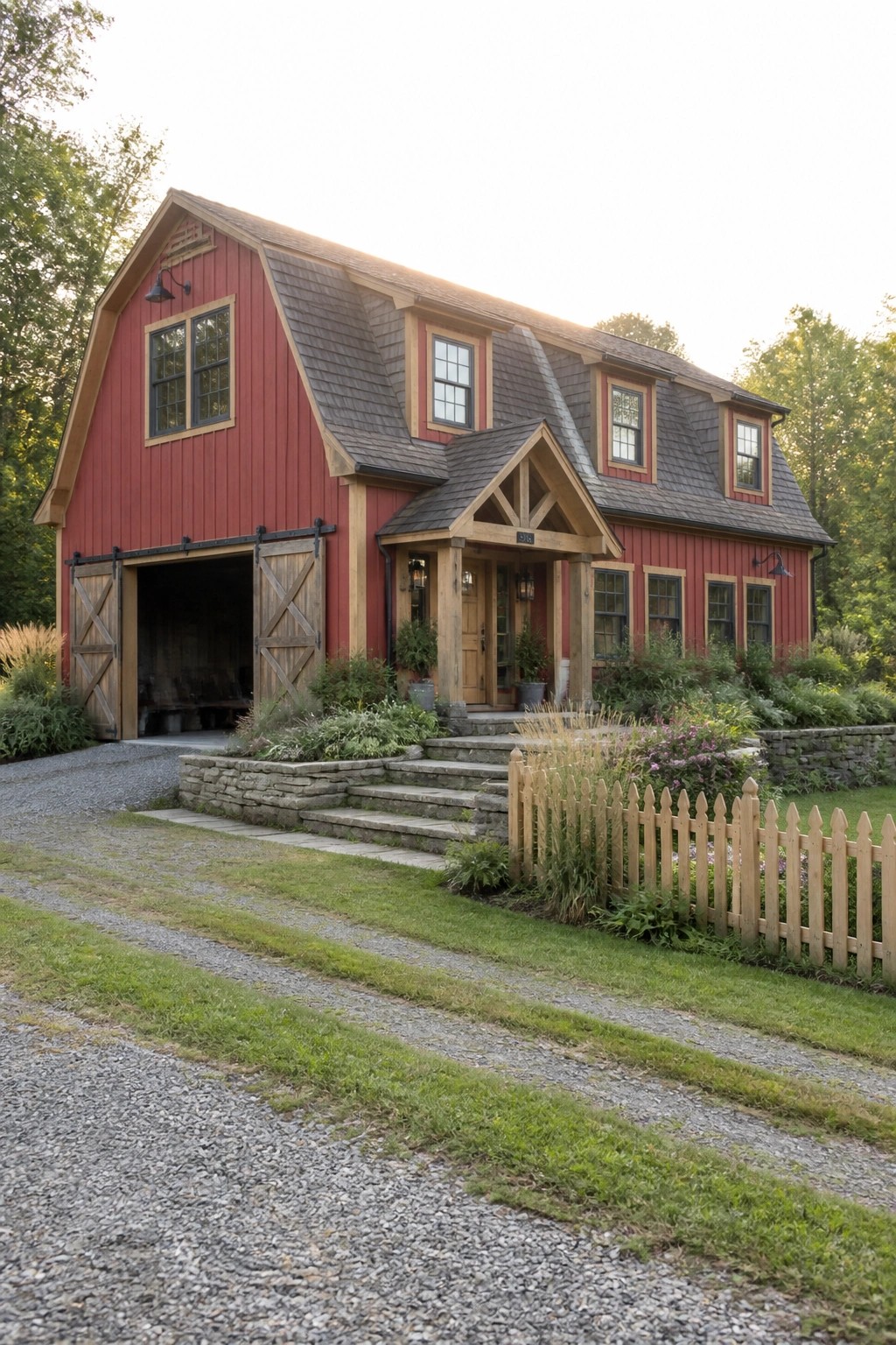 Red barn house with open doors, stone steps, gravel drive, and picket fence
