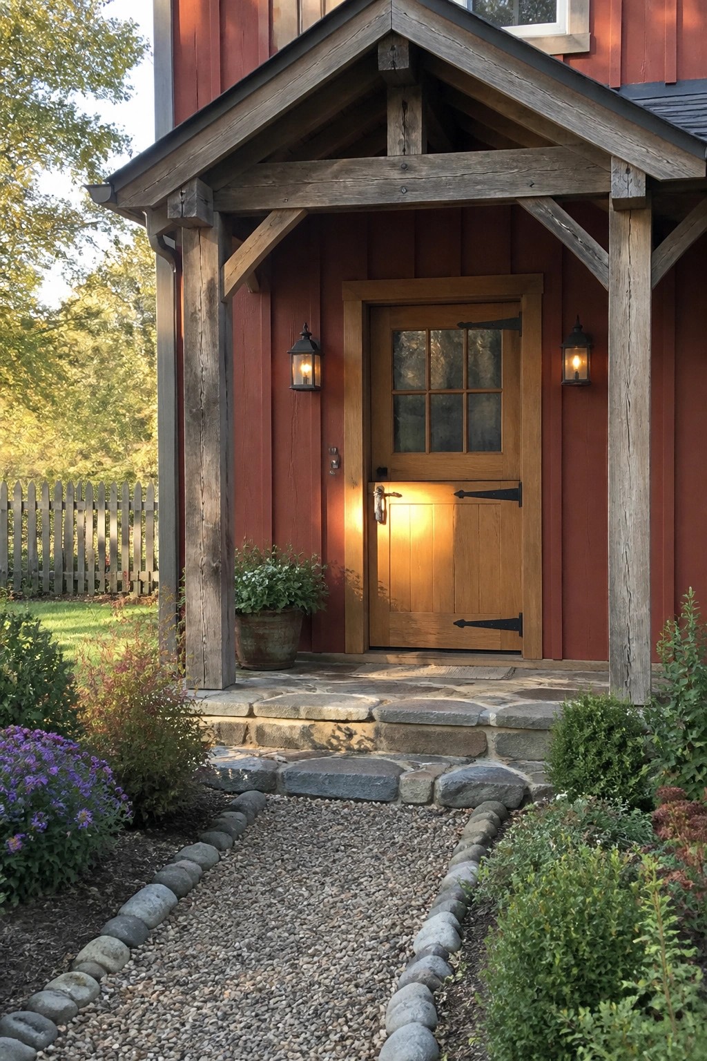 Red wooden entrance with lit lanterns, wooden door, stone steps, and gravel path.
