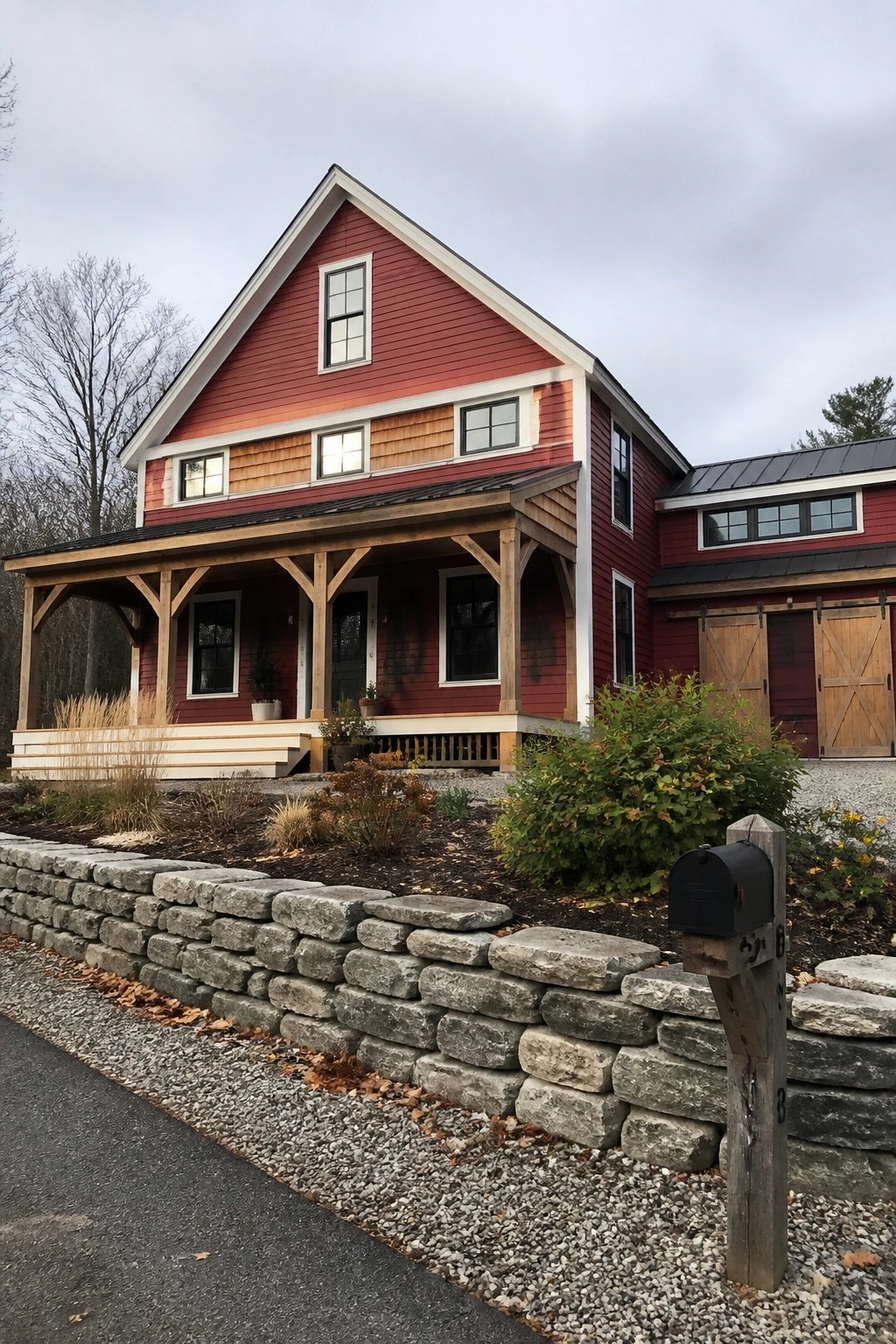 Red wooden house with porch, attached barn doors, stone wall, and mailbox.