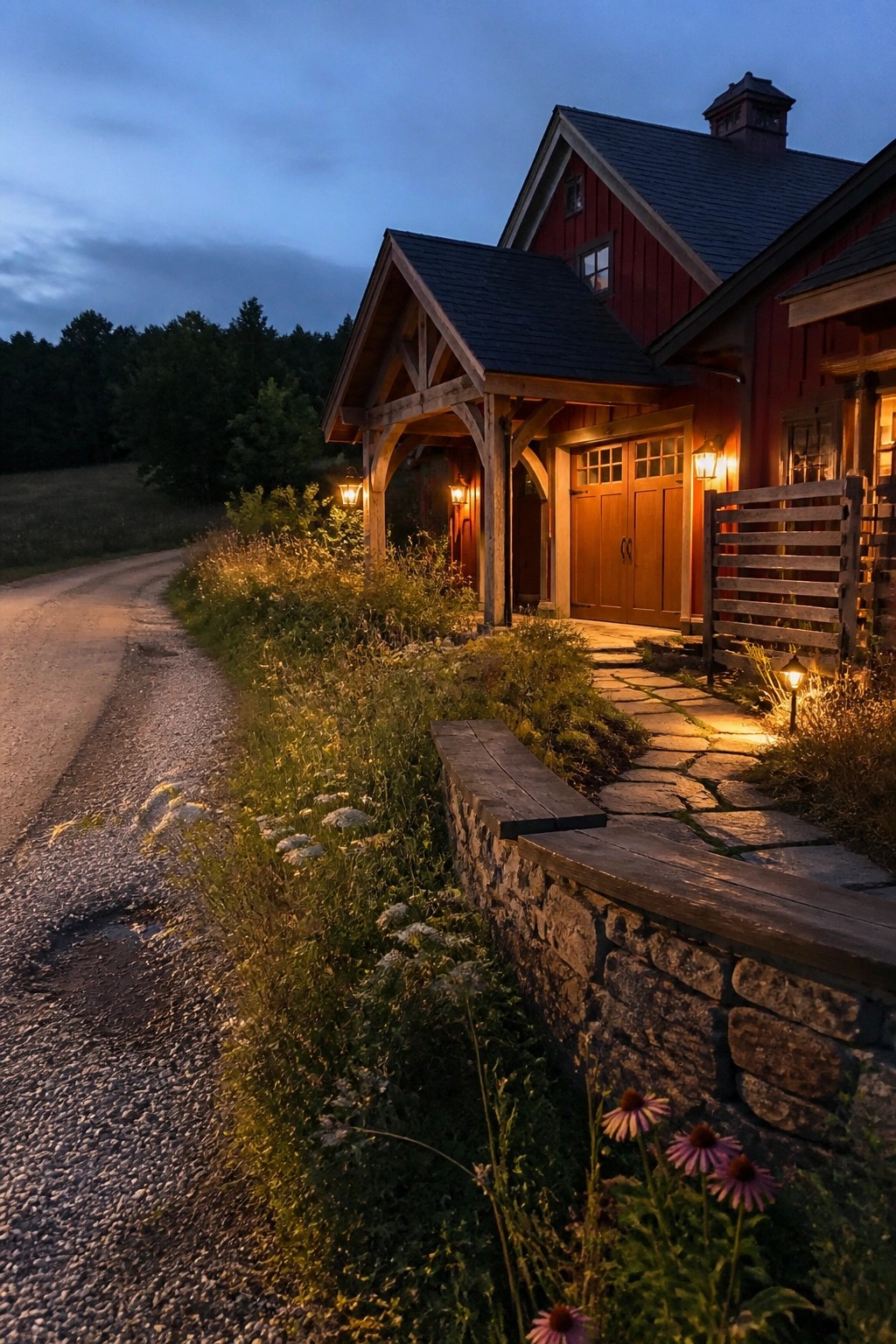 Red barn house with glowing lanterns along stone path at dusk