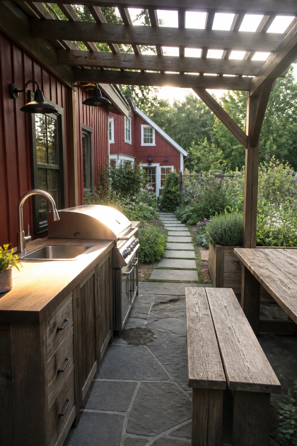 An outdoor kitchen with wooden cabinets, a stainless steel grill, and a wooden pergola attached to a red house, with a stone path and garden visible beyond.