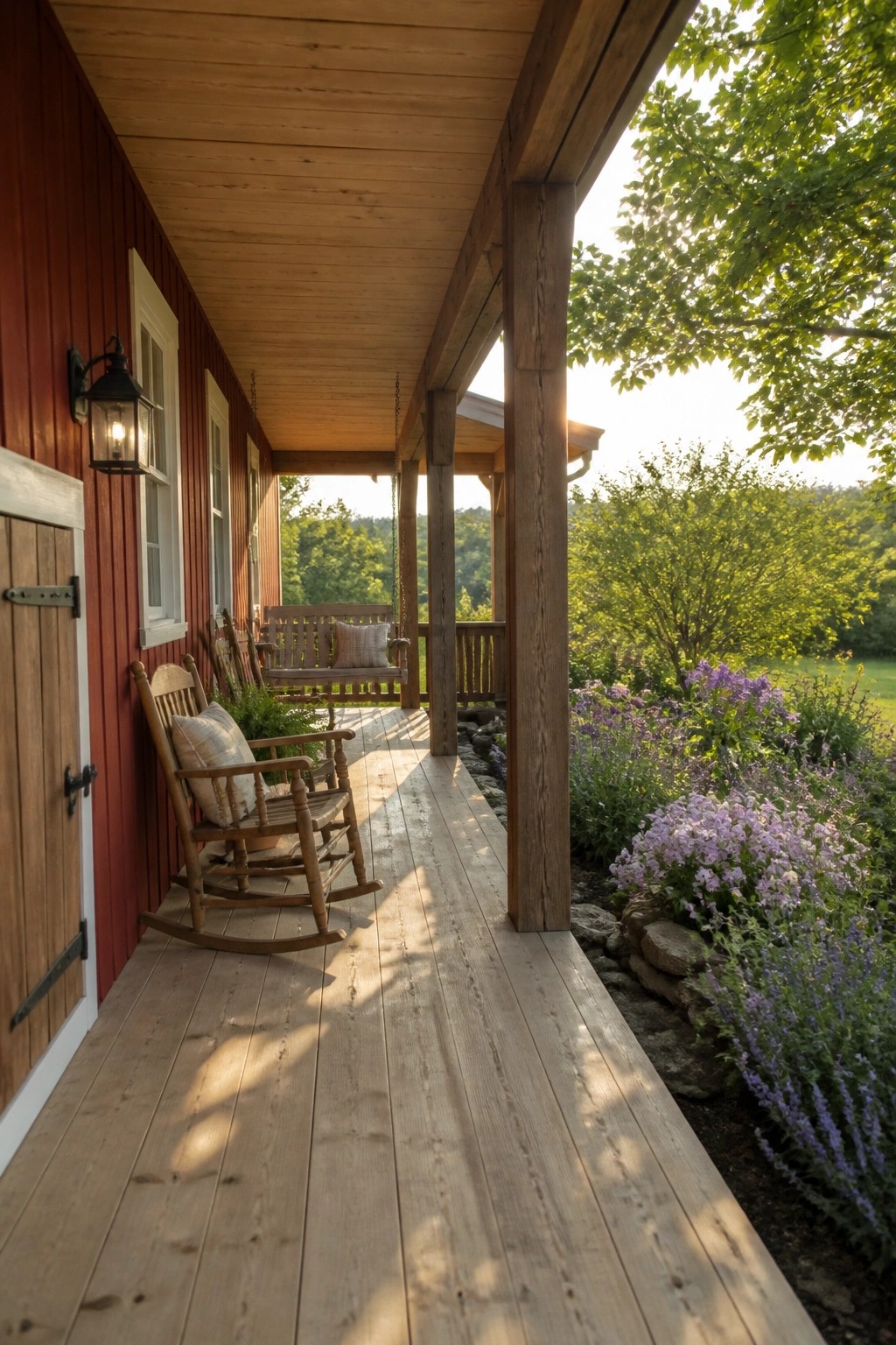 A long wooden porch on a red farmhouse with rocking chairs, a hanging bench swing, and purple flowers along the edge.