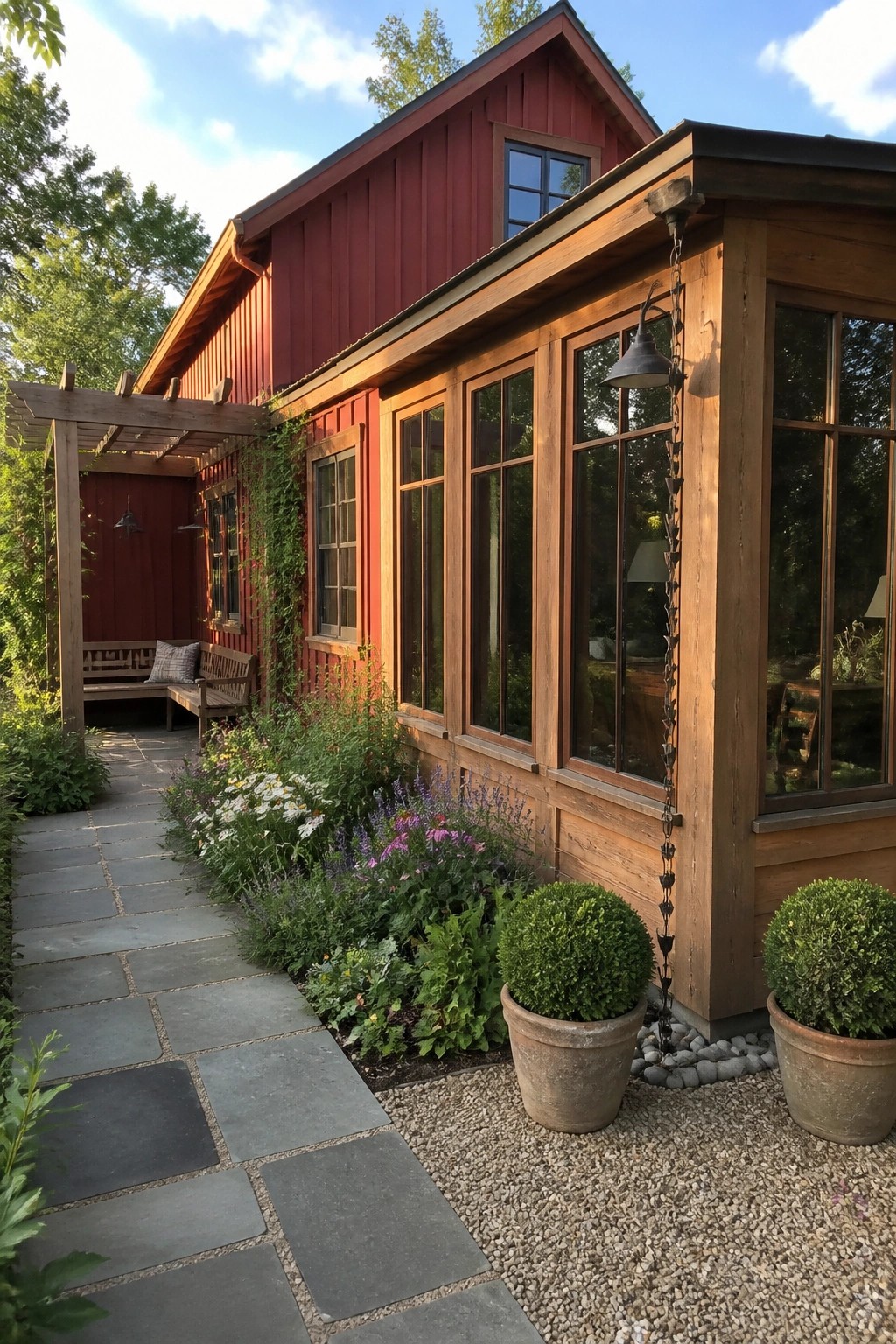 A red painted farmhouse exterior with natural wood window frames and trim, a stone path, and flower beds along the foundation.