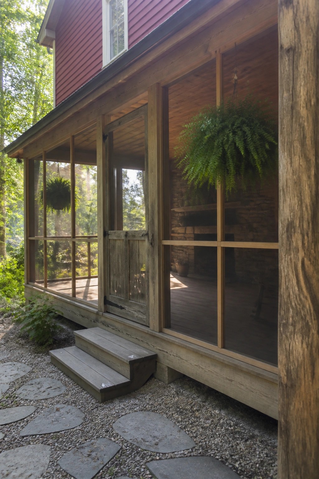 Red wooden house with screened porch, hanging ferns, stone fireplace, and steps