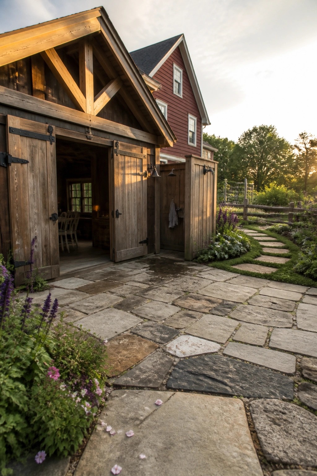 A red farmhouse exterior with open wooden barn doors, stone pathway, and garden plantings at sunset.