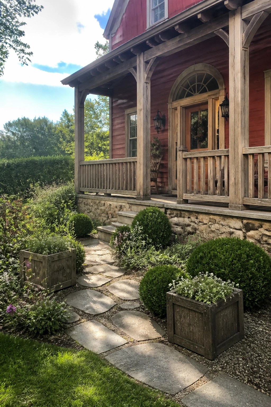 Red wooden farmhouse porch with wooden planters, stone path, and green shrubs.