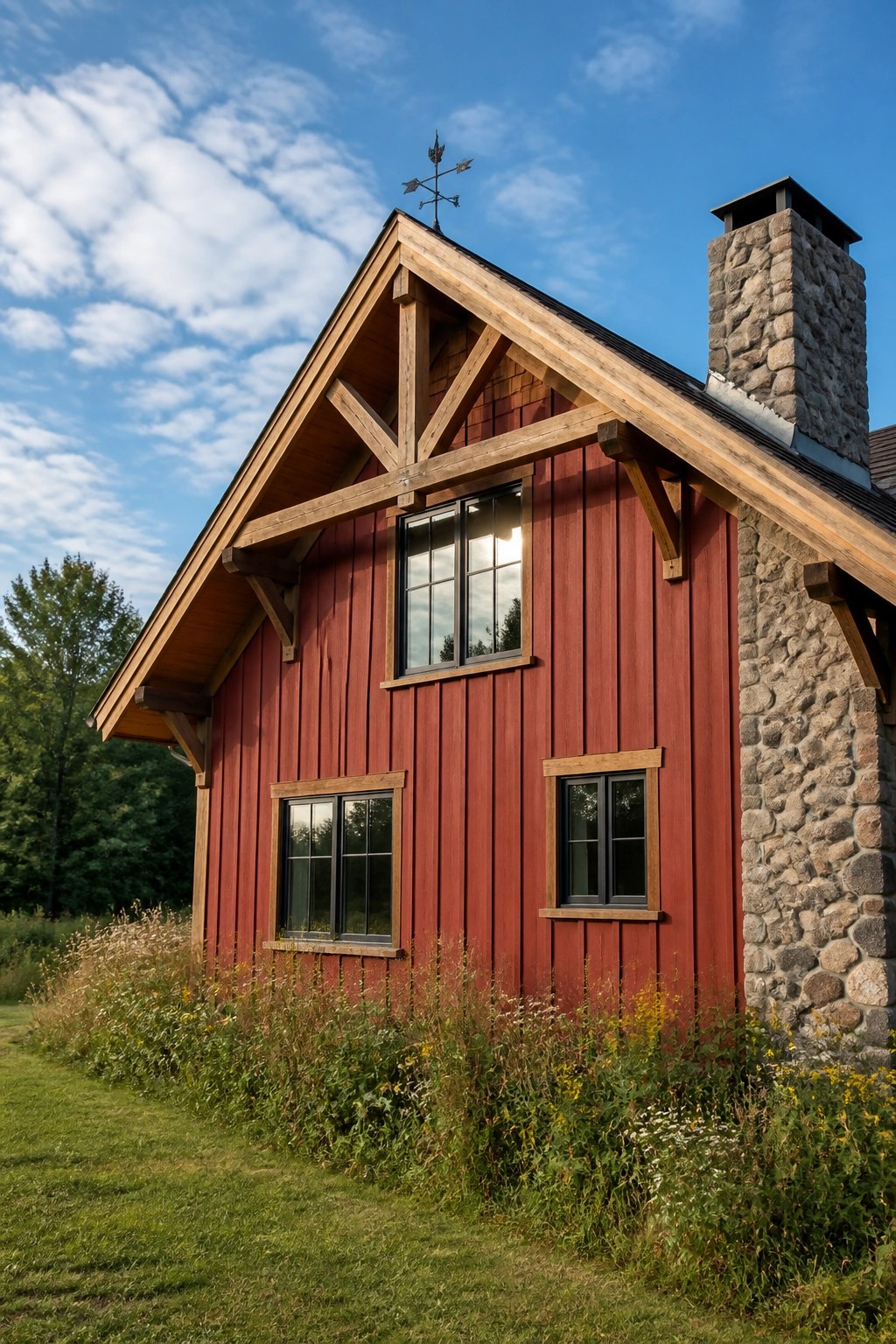 Red wooden barn with stone chimney, weathervane, windows, and wildflowers.