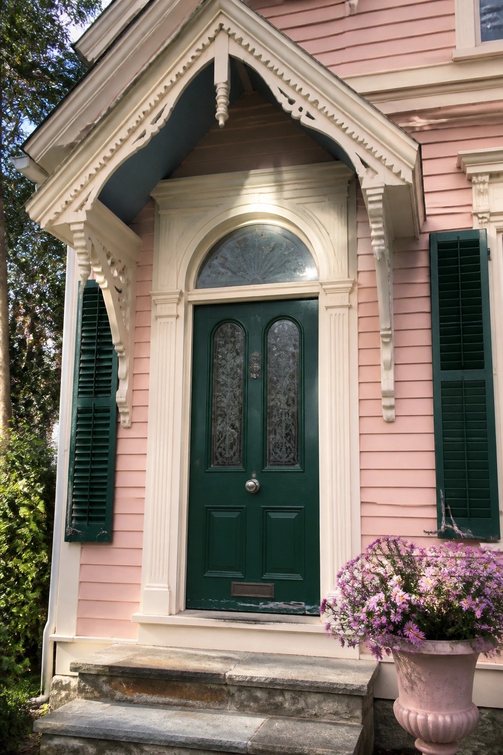 Pink house with green arched door, white trim, green shutters, and purple flowers
