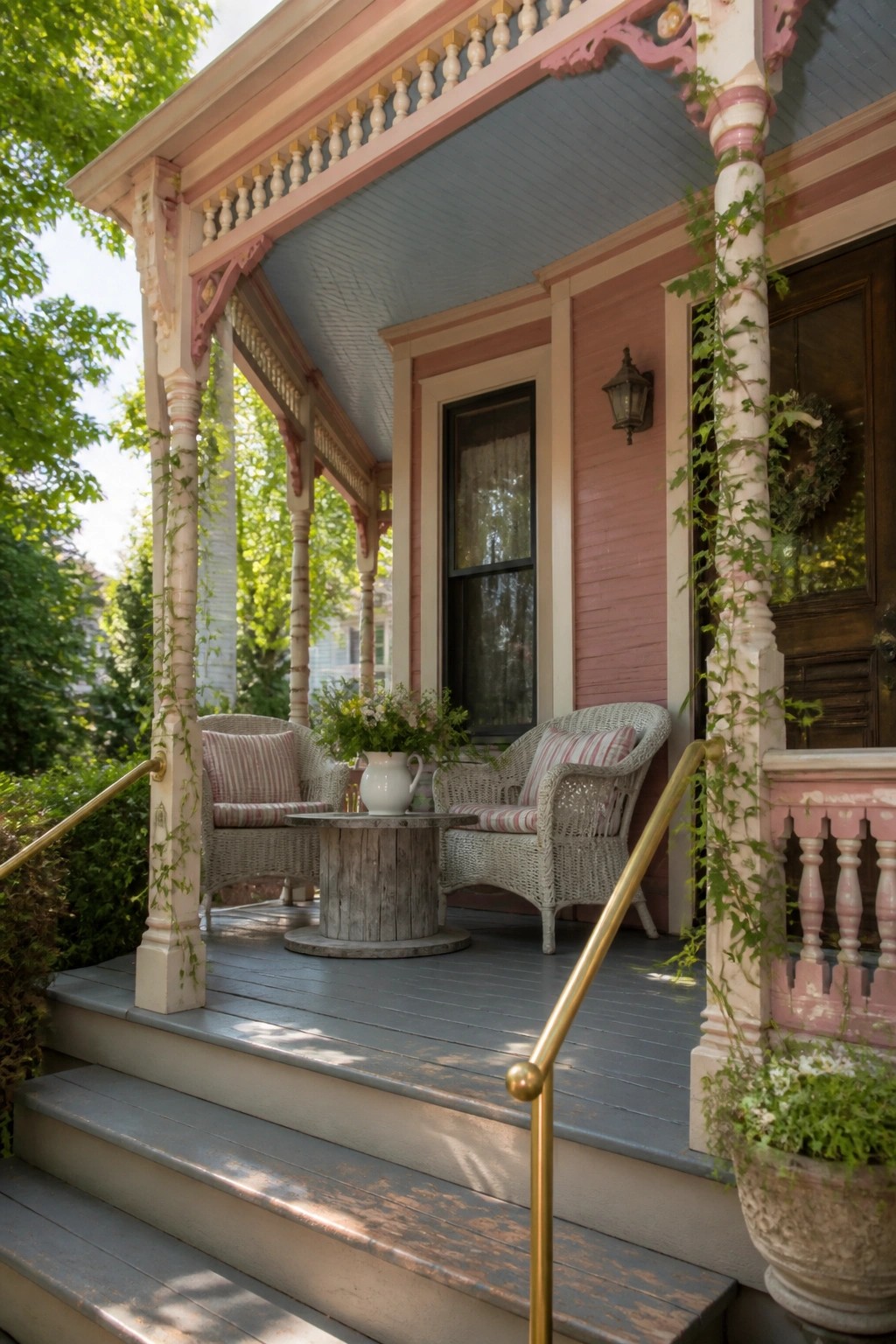 Pink Victorian porch with wicker chairs, striped cushions, wooden table, and ivy vines.