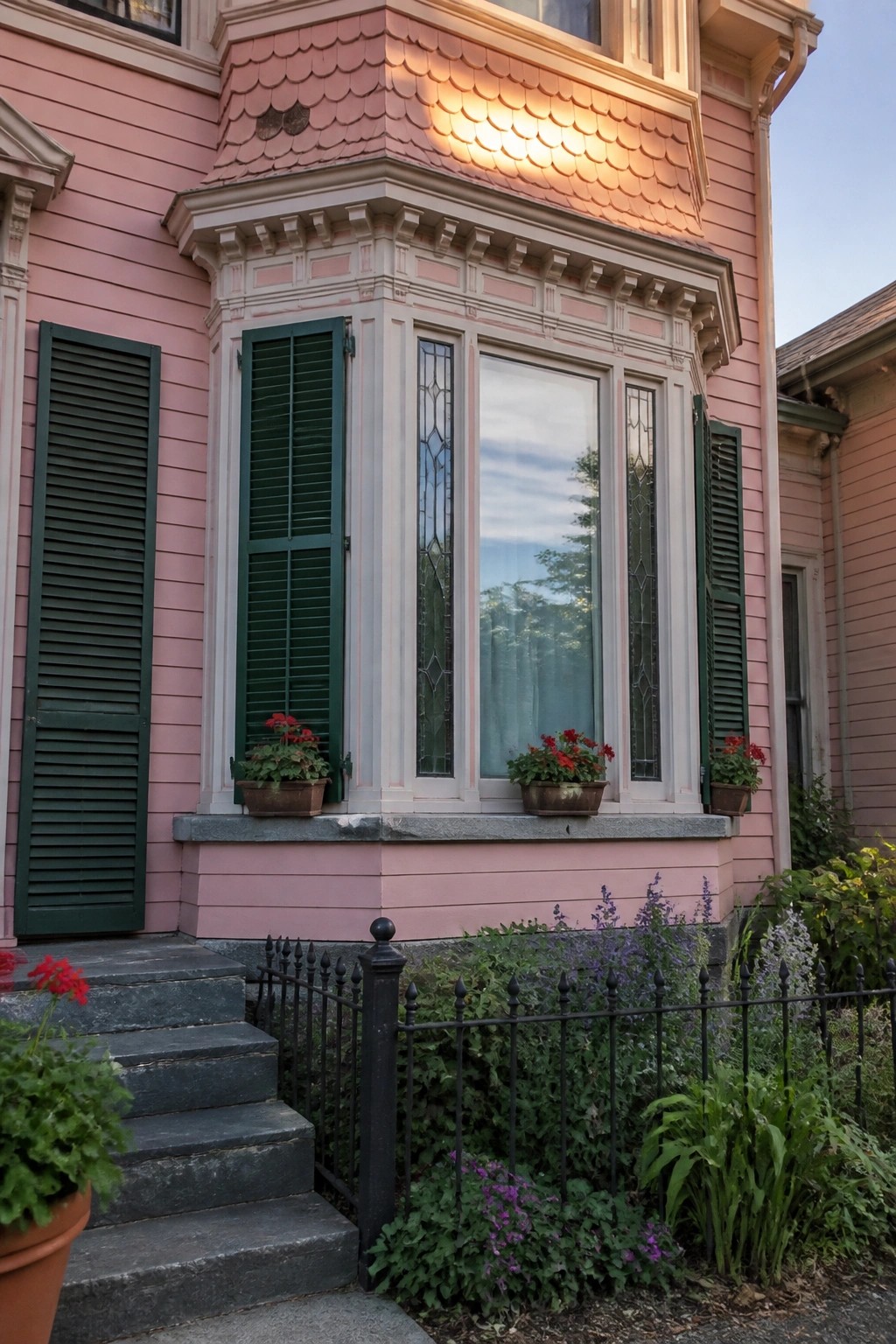 A pink Victorian house exterior with a bay window, dark green shutters, and potted red flowers along the sill.