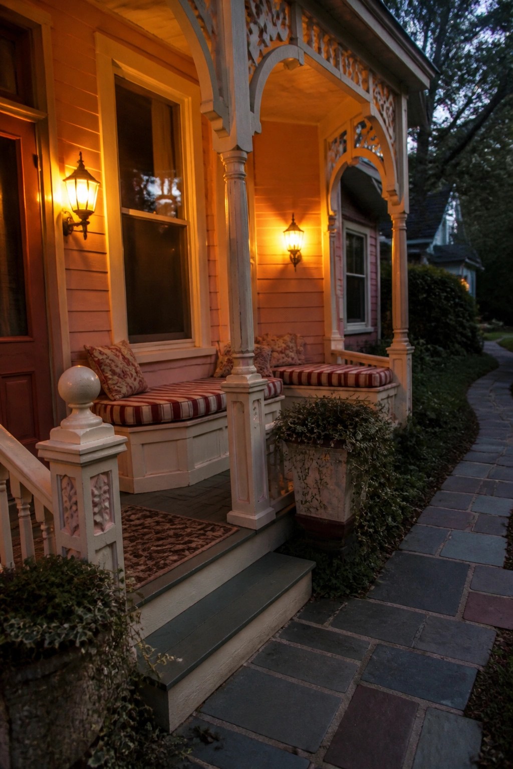 Pink porch with striped cushions, ornate white columns, glowing lanterns, and stone path.