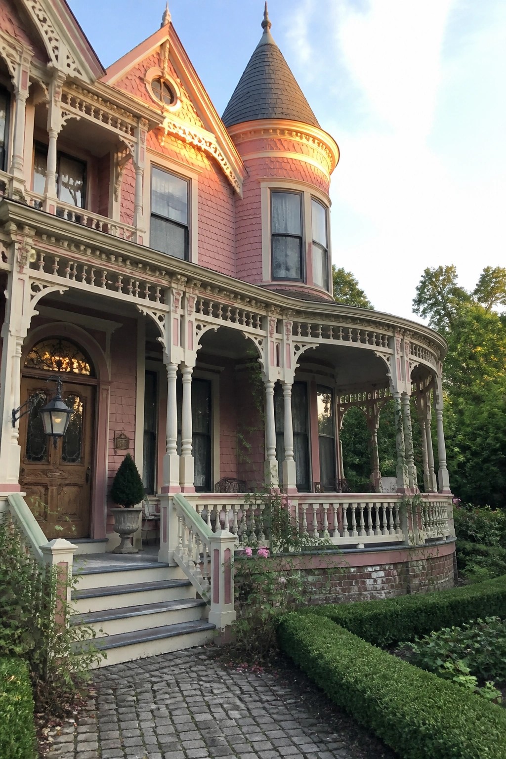 A pink Victorian house with a conical turret, wrap-around porch with white ornate trim, wooden front door, and cobblestone path.