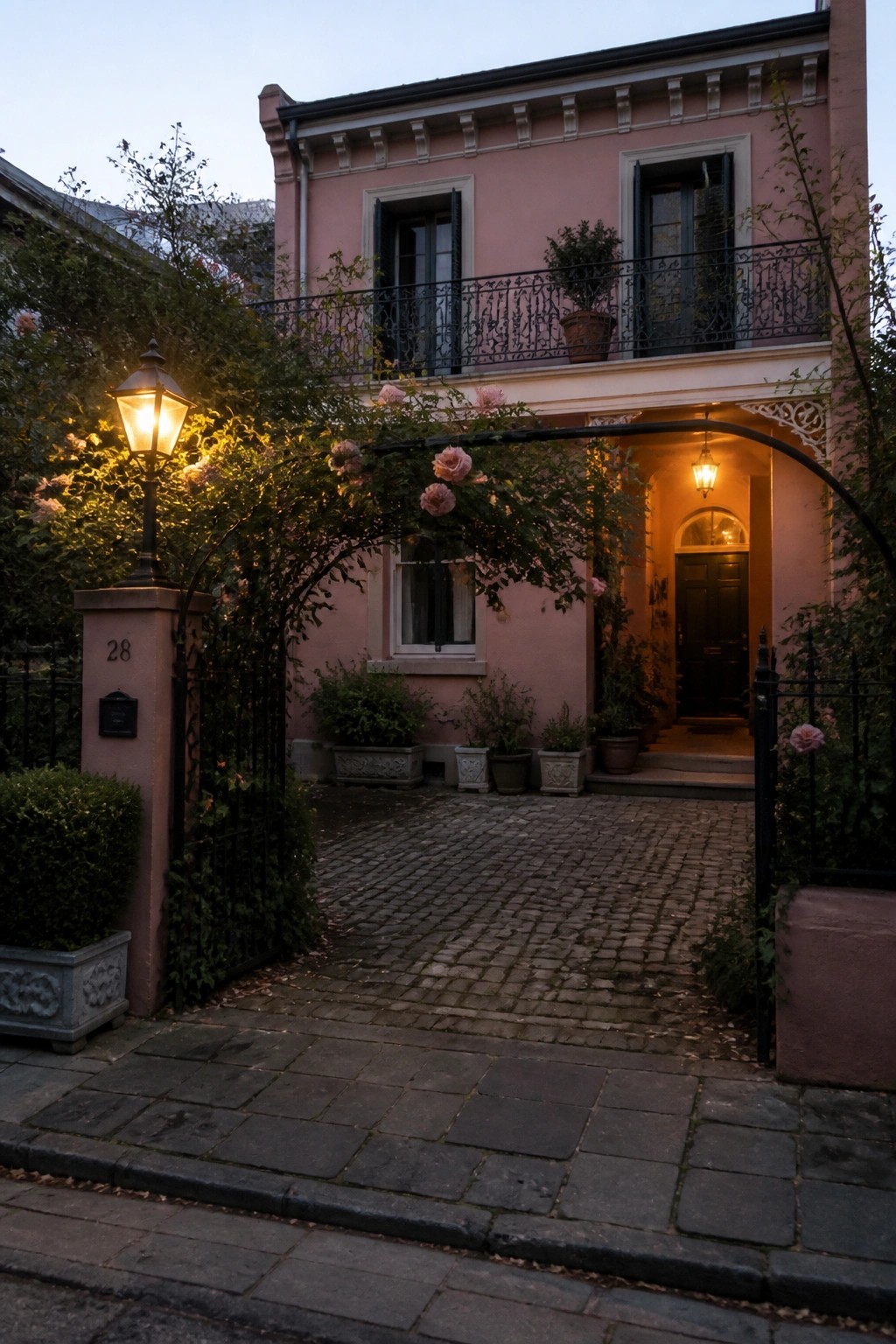 A two-story pink Victorian house with ornate trim, a black iron balcony, a cobblestone path, and a rose-covered arch over the entrance at dusk.