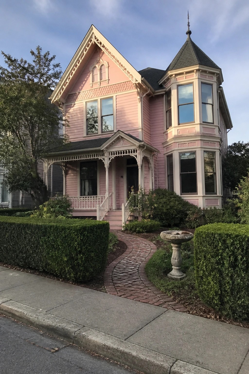 A two-story pink Victorian house with white trim, a front porch, and a turret on the right side, viewed from the street with a brick walkway and hedges in front.