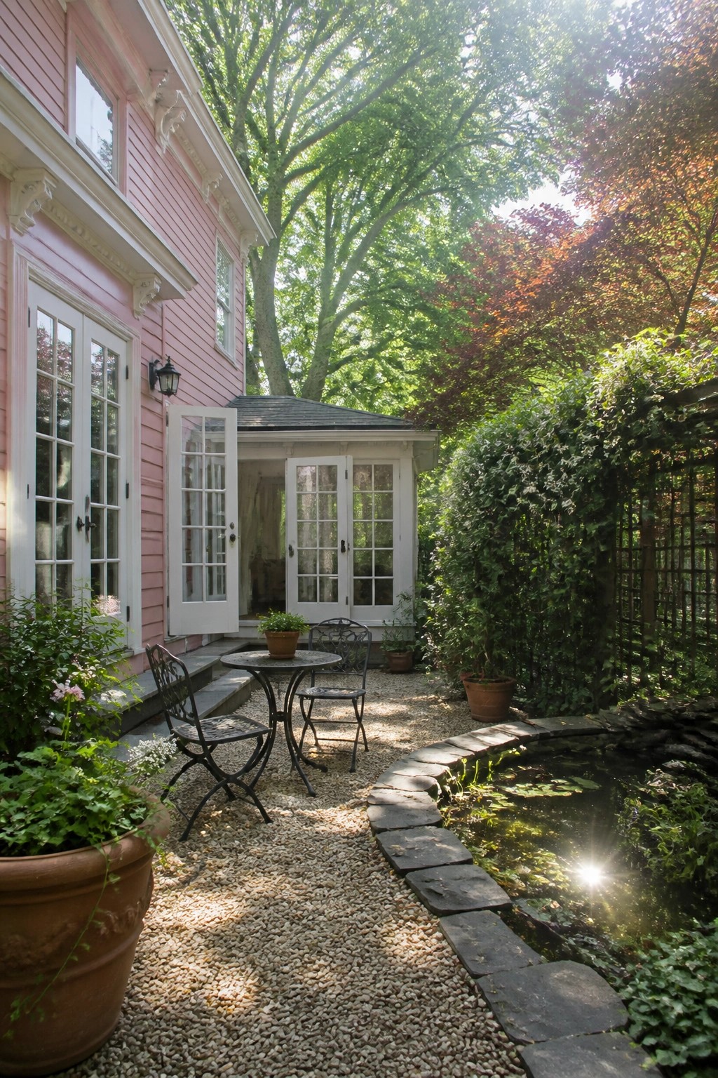 A pink Victorian house exterior with white trim, open French doors, and a gravel patio seating area next to a small pond.