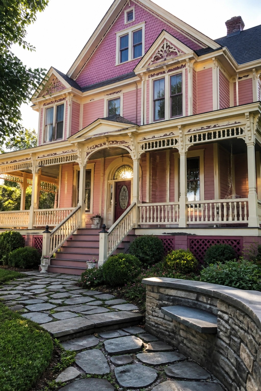 A two-story pink Victorian house with cream trim, an ornate front porch, stairs, and a stone pathway in the foreground.