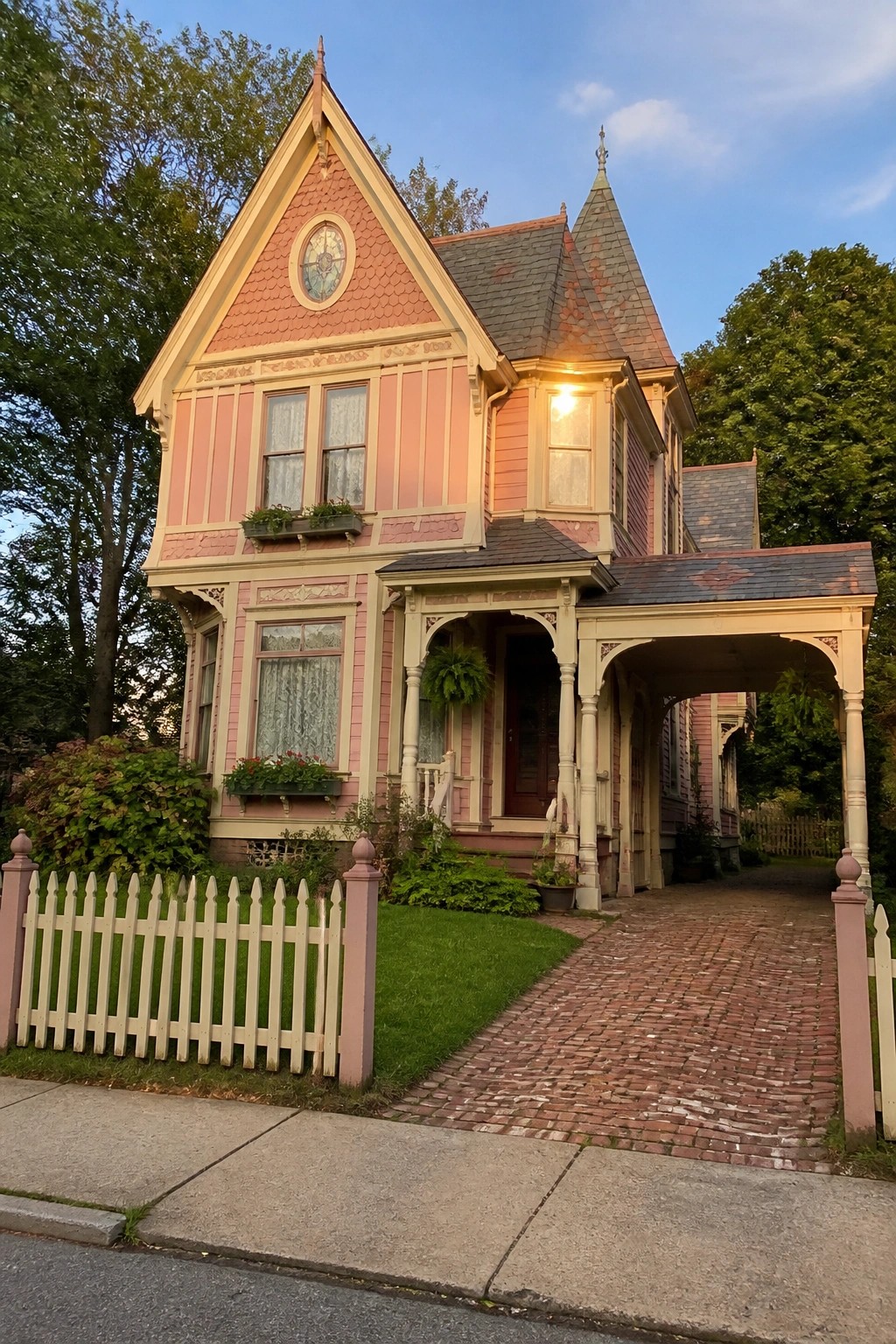 A pink Victorian house with cream trim, a front porch, and a brick driveway bordered by a white picket fence.