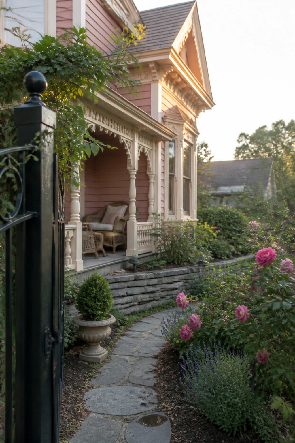 A pink Victorian house exterior with white ornate trim on the porch, a stone path bordered by rose bushes, and a black metal gate in the foreground.