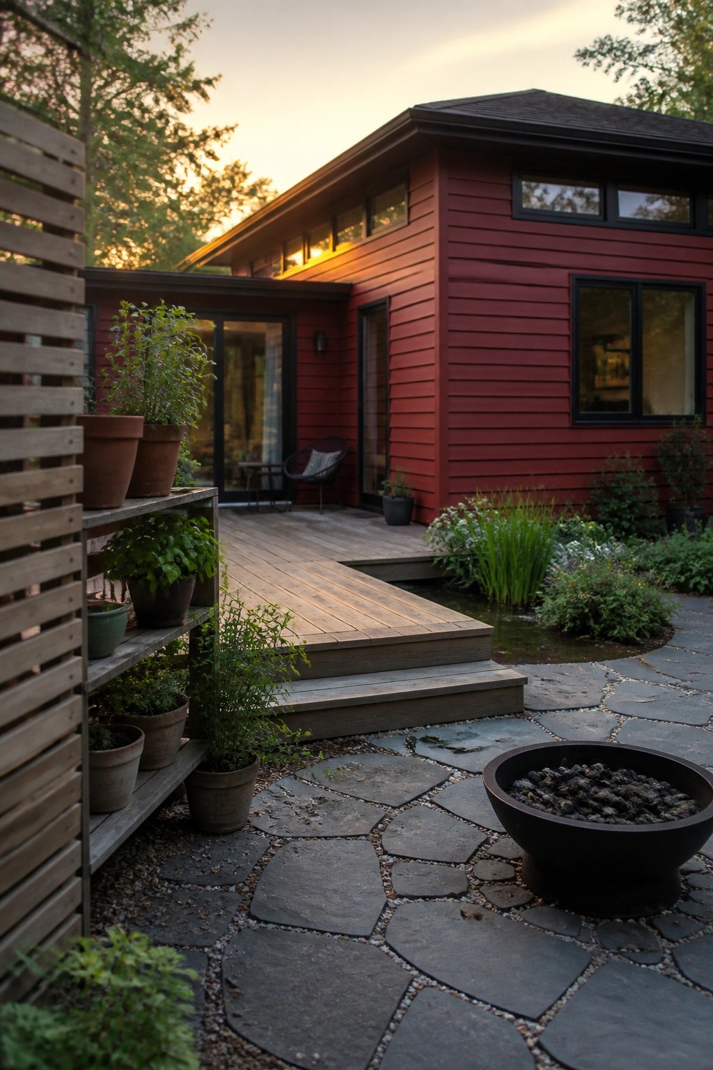 Red house with wooden deck, stone patio, fire pit, and potted plant shelves at dusk.