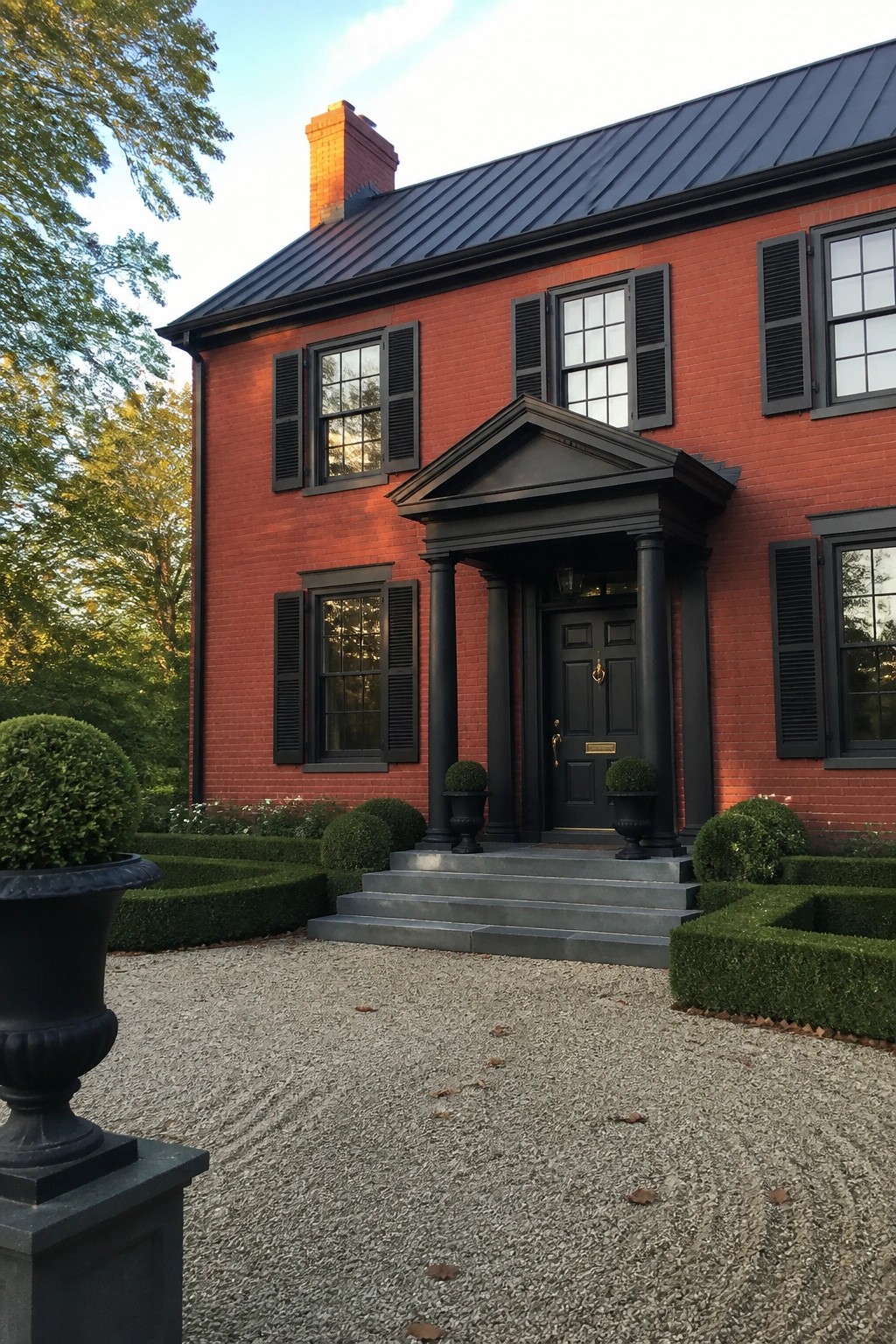 Red brick colonial house with black shutters, portico entrance, gravel driveway, and topiary hedges.