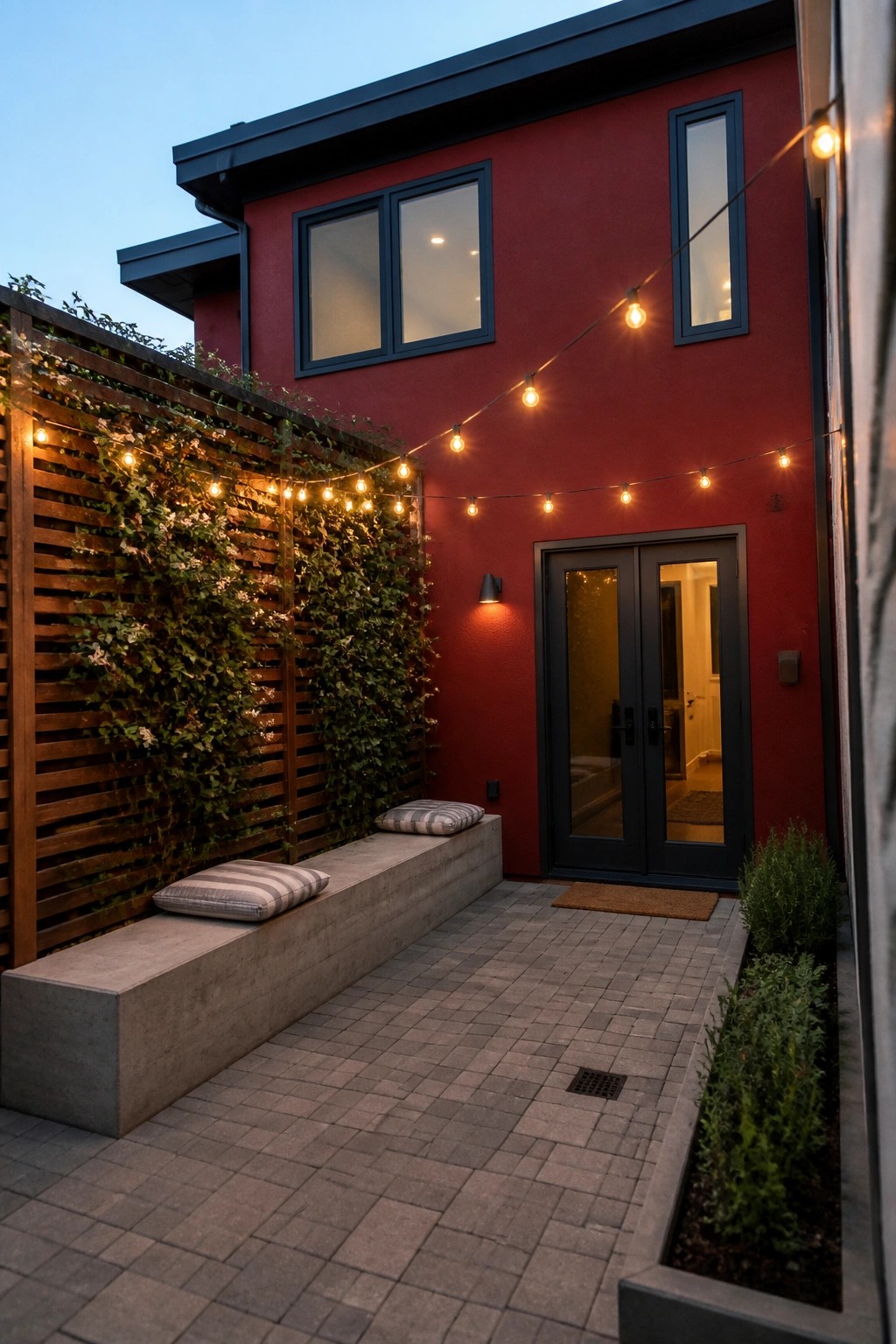 A red house exterior with black roof and trim, featuring a concrete bench with striped cushions along a vine-covered wooden wall and string lights over a paved patio.