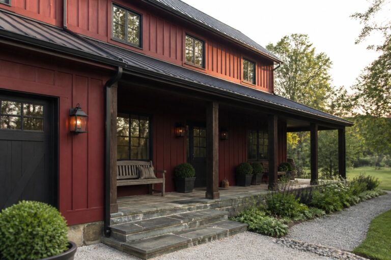 18 Bold Red House Exteriors Balanced by Charcoal Roofs and Dark Trim A red wooden house with dark trim, a charcoal roof, a covered porch with stone steps, and a gravel driveway beside landscaping.