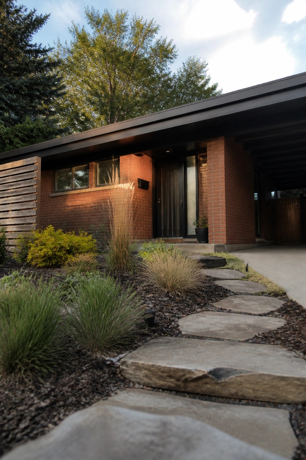 Modern red brick house with stone pathway and landscaped garden entrance