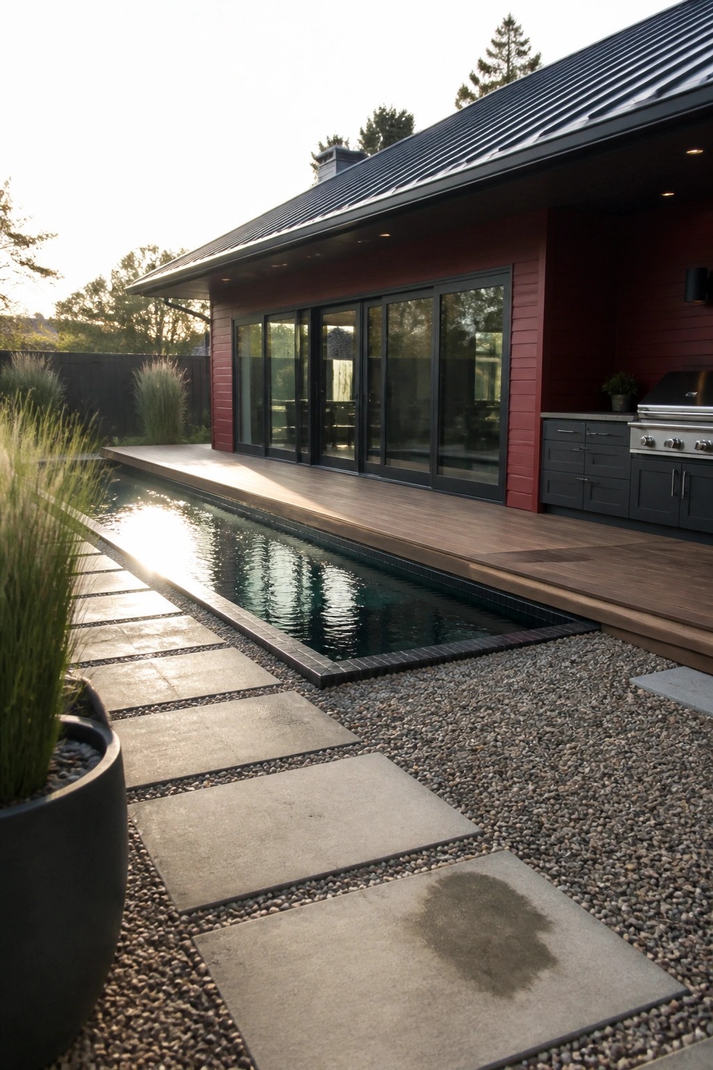 A modern single-story house with red siding, a dark metal roof, black-framed sliding doors, an outdoor kitchen on a wood deck, and a long pool edged with gravel and concrete pavers.