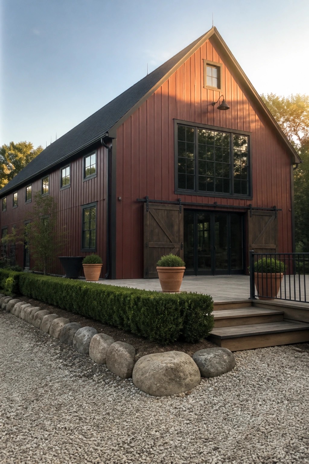 A red barn-style house with vertical siding, a black roof, black window trim, and wooden sliding doors at the front entrance.
