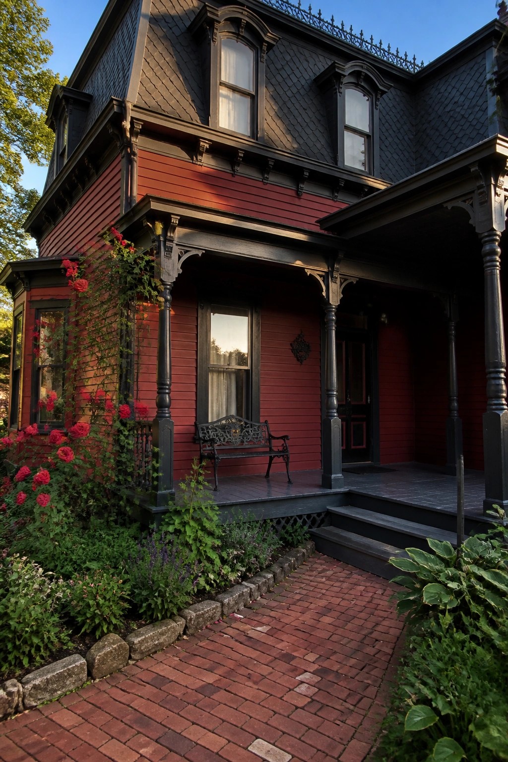 A two-story red house with a charcoal shingle roof, dark trim, a covered porch with a bench, and red roses climbing the left side.