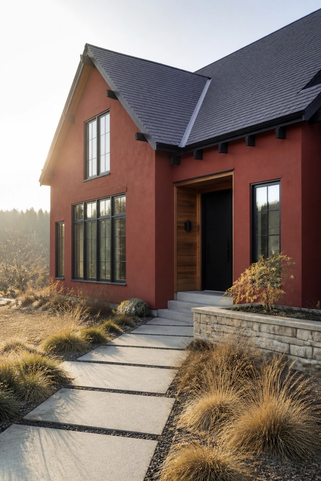 Modern red house with black roof, windows, door, and concrete paver walkway amid grasses.