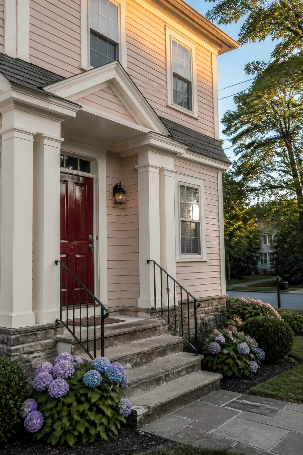 Pink house with red door, white columns, stone steps, and purple hydrangeas.